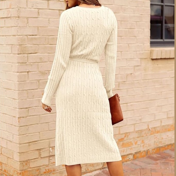 Merokeety Women's V-Neck Cable Knit Sweater Dress w Belt Apricot Stunning XL NWT - Picture 5 of 14